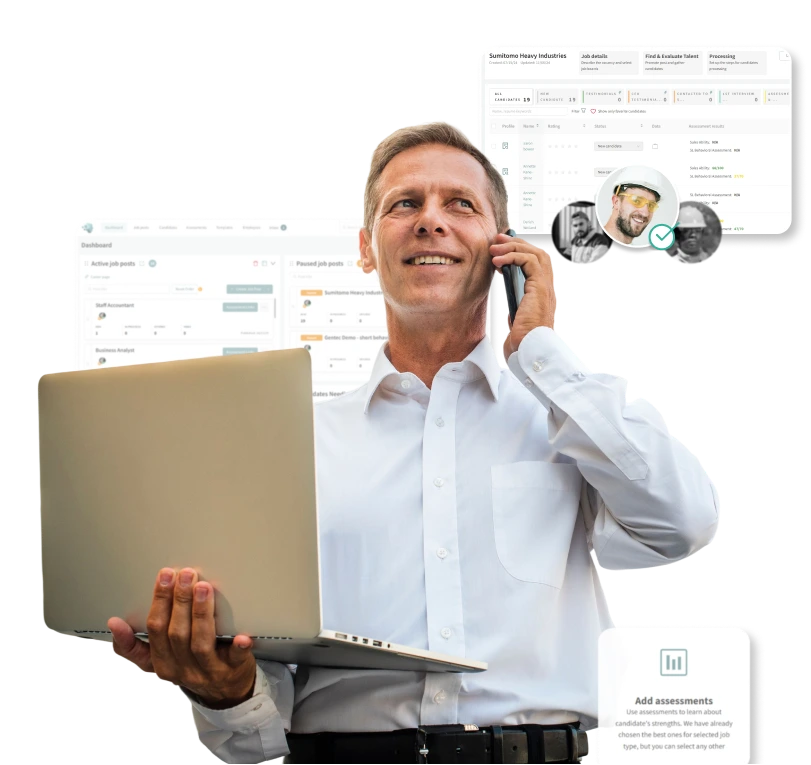 Business professional using Discovered recruitment software on laptop and phone to manage hiring assessments and candidate profiles online.