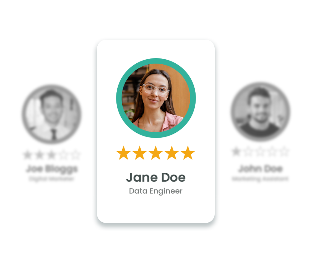 Executive search candidate profile card showing a rated data engineer with star ranking and blurred applicant profiles in the background.