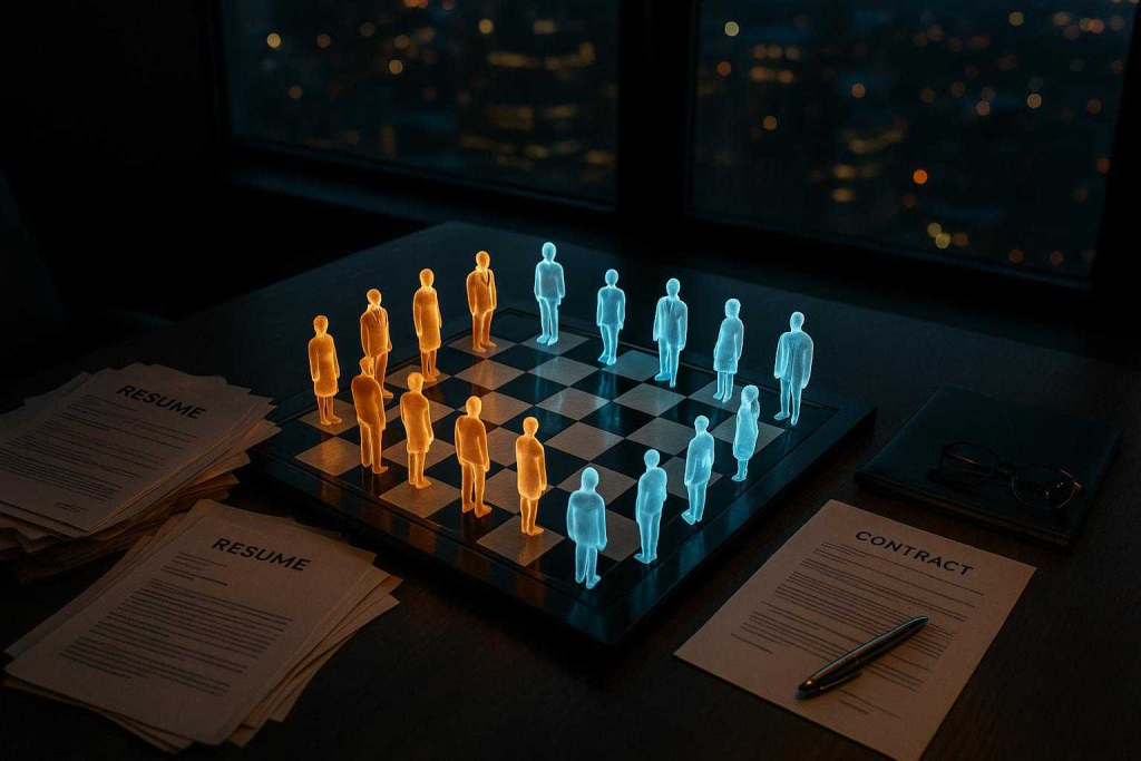 A cinematic, overhead shot of a chessboard set in a high-rise boardroom at dusk. Instead of chess pieces, there are luminous executive silhouettes—some crystal clear, others in shadow—poised in the middle of a tense game. The city skyline glows outside, symbolizing the stakes of executive hiring. The chessboard is surrounded by scattered resumes and contracts, with one side organized and the other chaotic, visually representing the transition from uncertainty and costly missteps to a strategic, evidence-based approach. Editorial realism, natural lighting, magazine-quality detail.