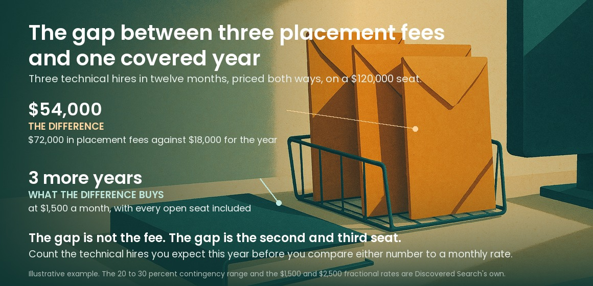 Figure comparing $72,000 in placement fees for three hires against $18,000 for a year of fractional recruiting, a difference of $54,000