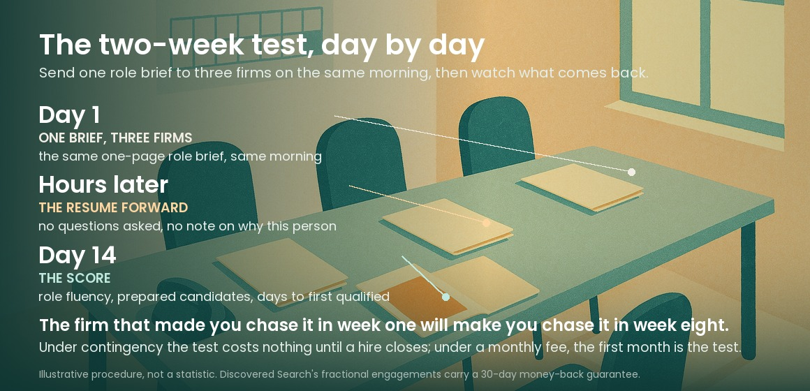 Figure showing the two-week test as a sequence: one brief to three firms on day one, the resume forward arriving within hours, and the score read on day fourteen