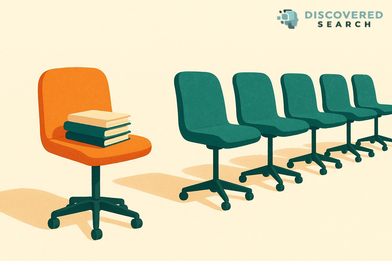 Illustration of one orange office chair standing alone with a stack of folders on its seat, beside a row of four matching teal office chairs receding across a cream floor