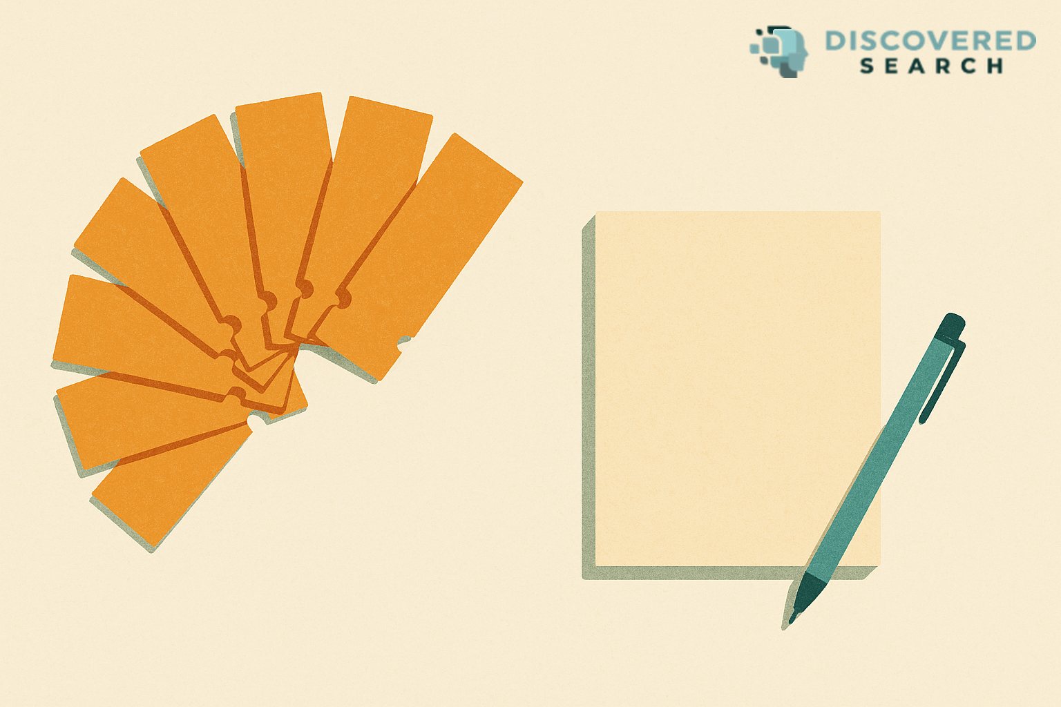 Illustration of a wide fan of eight overlapping orange paper ticket slips on the left of a cream desk, beside one blank cream sheet of notepaper with a teal pen resting across its corner