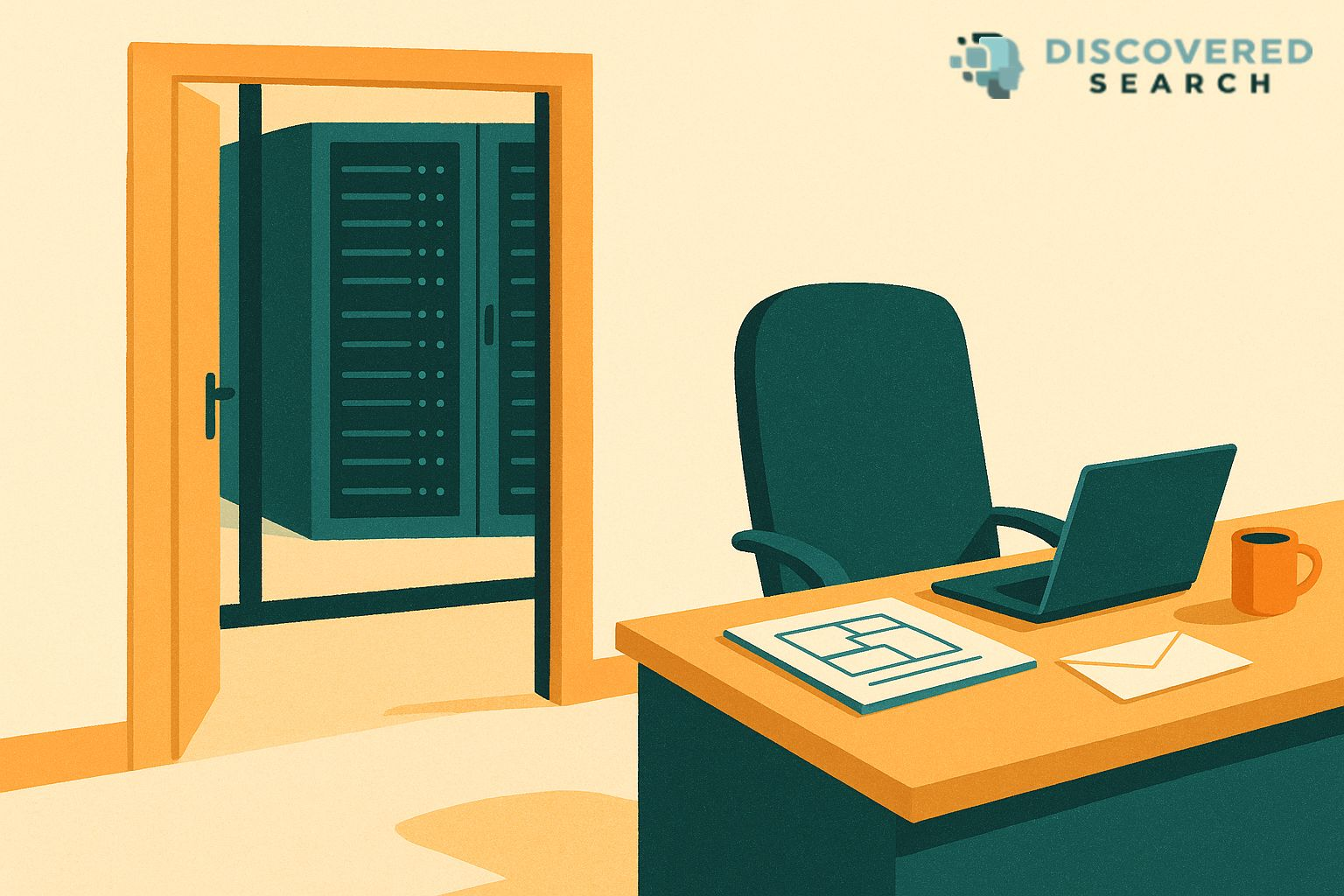 Illustration of an empty leadership chair at a desk with a laptop, a folder of network diagrams and a sealed envelope, and an open door to a server room behind it