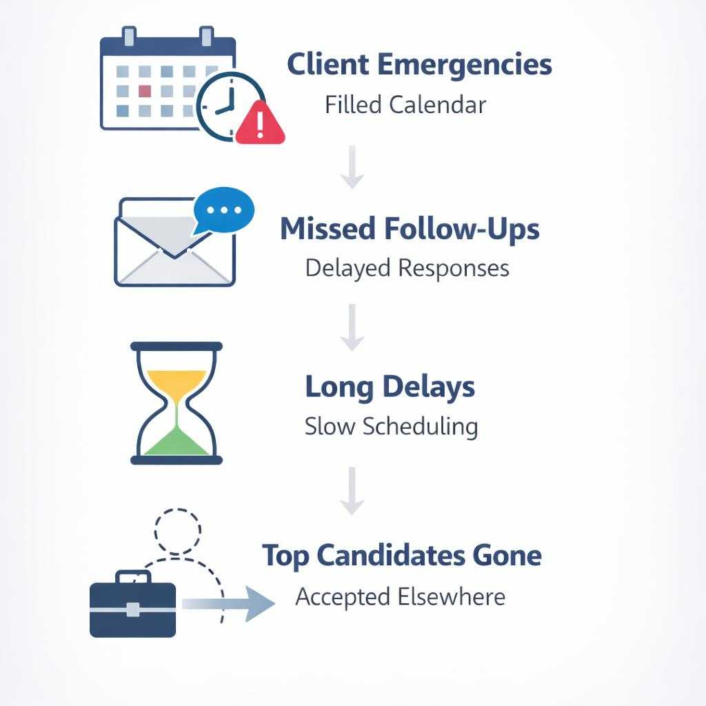 A hiring timeline with gaps where client escalations pushed follow-up calls back