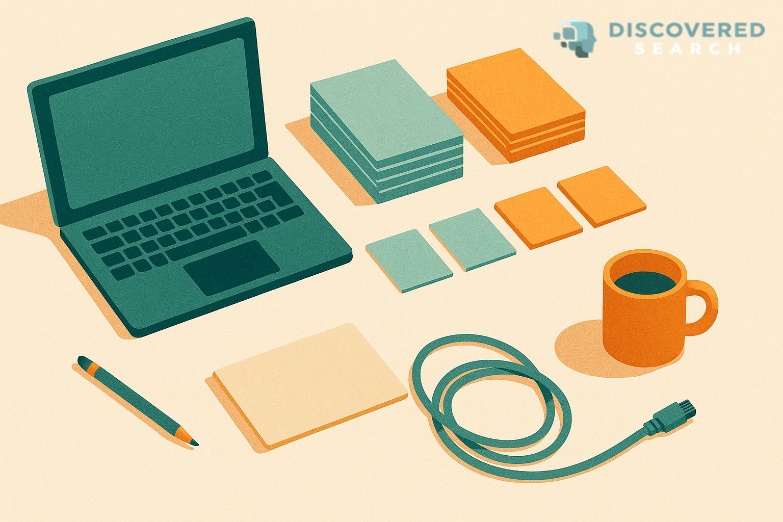 Illustration of a hiring table at a small IT company, with a laptop, sorted stacks of paper, a row of cards, a mug and a coiled network cable