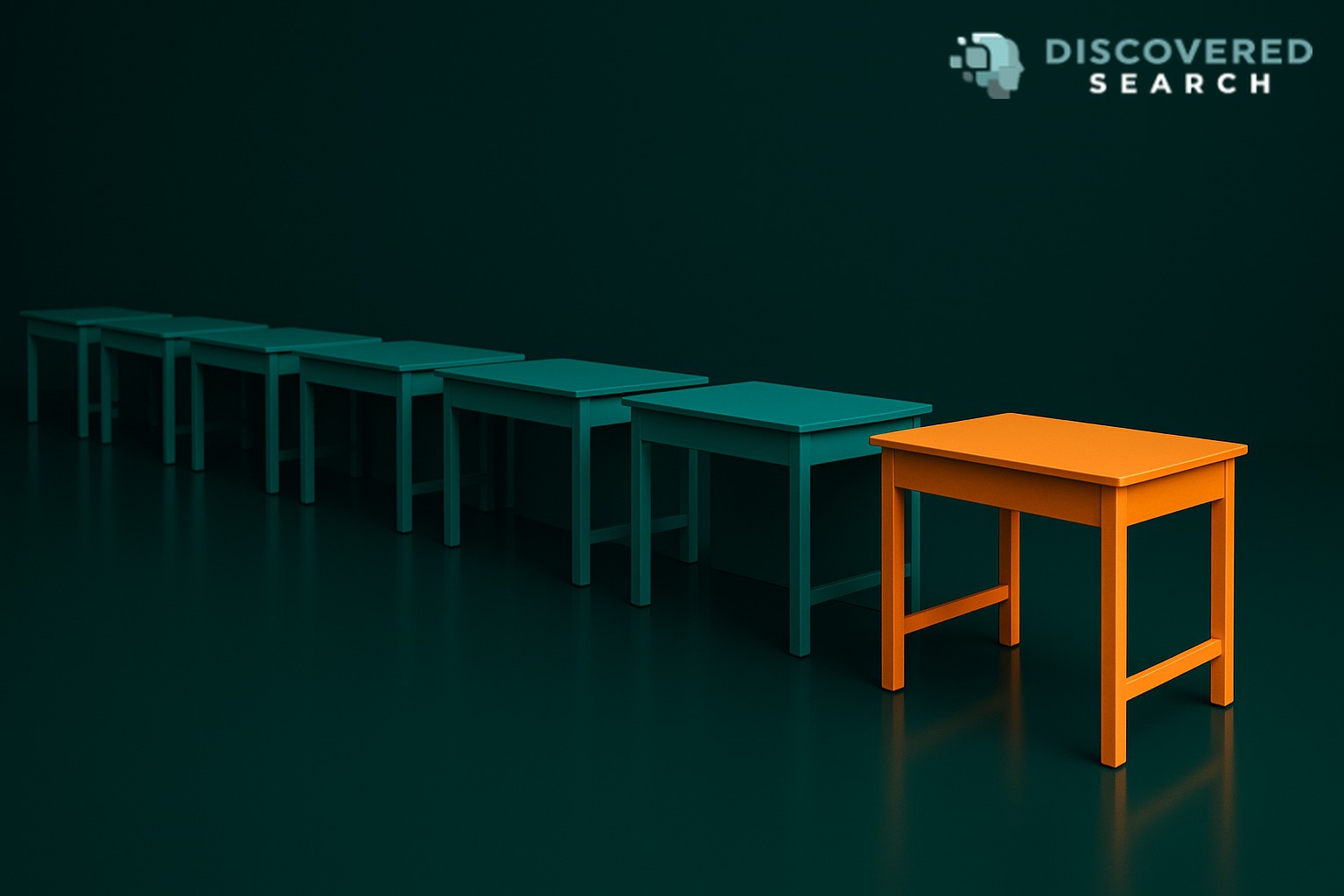 A long row of teal desks with one orange desk standing apart, meaning a large outsourced hiring department beside one dedicated recruiter