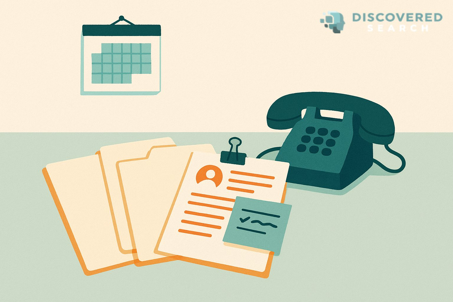 Illustration of three cream candidate folders fanned on a desk, one open to an orange resume with a teal note clipped to it, beside a teal desk phone and a wall calendar with two weeks shaded