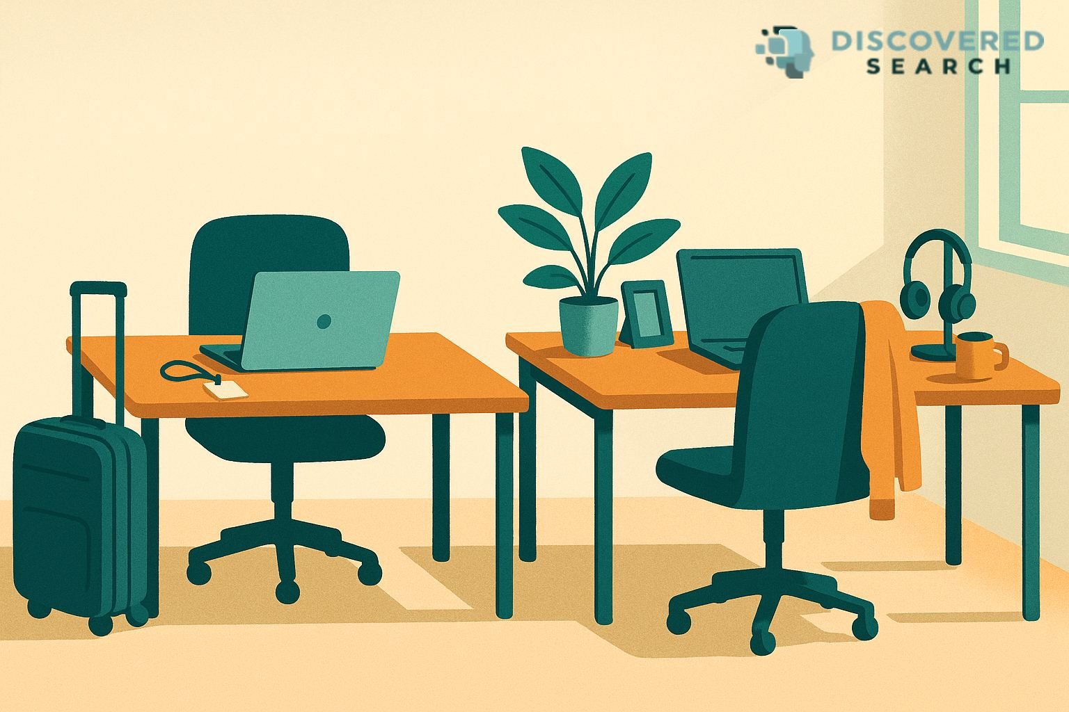 Illustration of two desks side by side in a small IT office, one temporary with a bare laptop, a visitor lanyard and a rolling suitcase, the other permanent with a plant, a framed photo, a headset and a sweater over the chair
