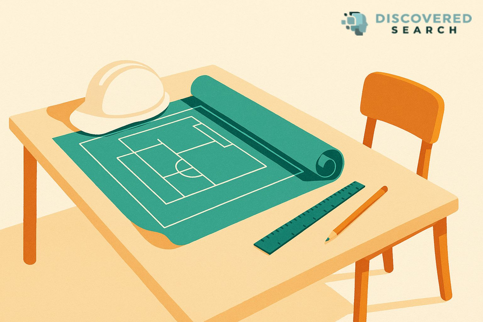 Illustration of a drawing unrolled on a cream drafting table with a white hard hat, a teal scale ruler and an orange pencil beside it, and one empty chair pulled up to the table