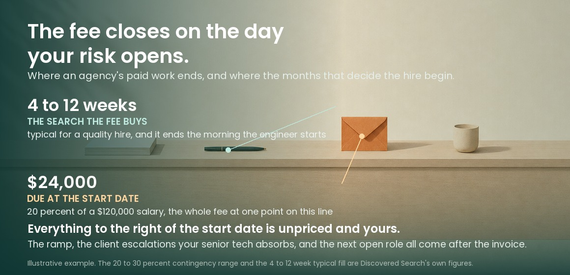 Figure showing a typical 4 to 12 week engineering search with the full $24,000 contingency fee falling due at the start date, over a reception counter holding papers, a pen, an envelope and a cup in a row