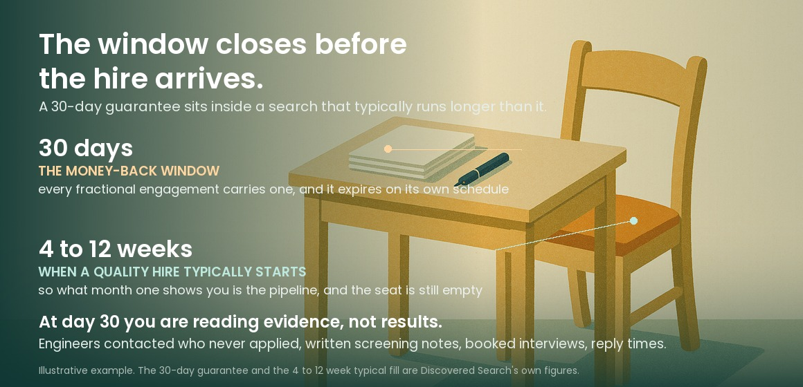 Figure showing the 30-day money-back window drawn inside the 4 to 12 weeks a quality engineering hire typically takes, over a desk holding a short stack of screening notes and one empty chair