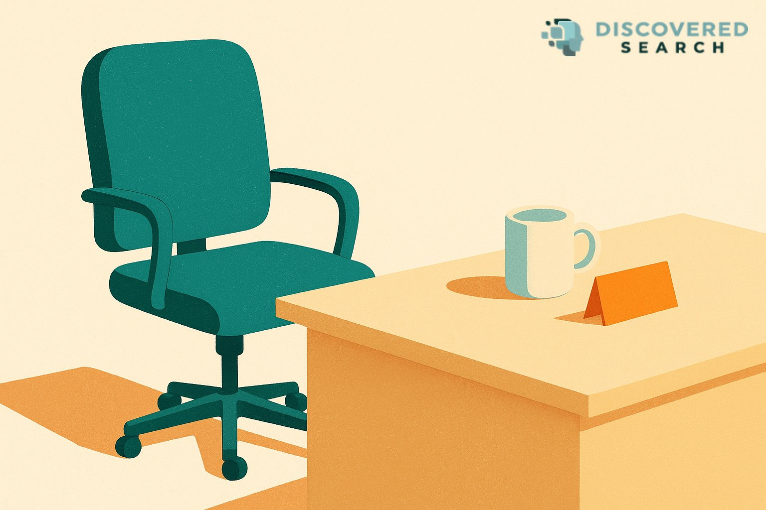 Illustration of an empty teal office chair pushed up to a cream desk, with a single upright orange name card holder holding a blank card beside it