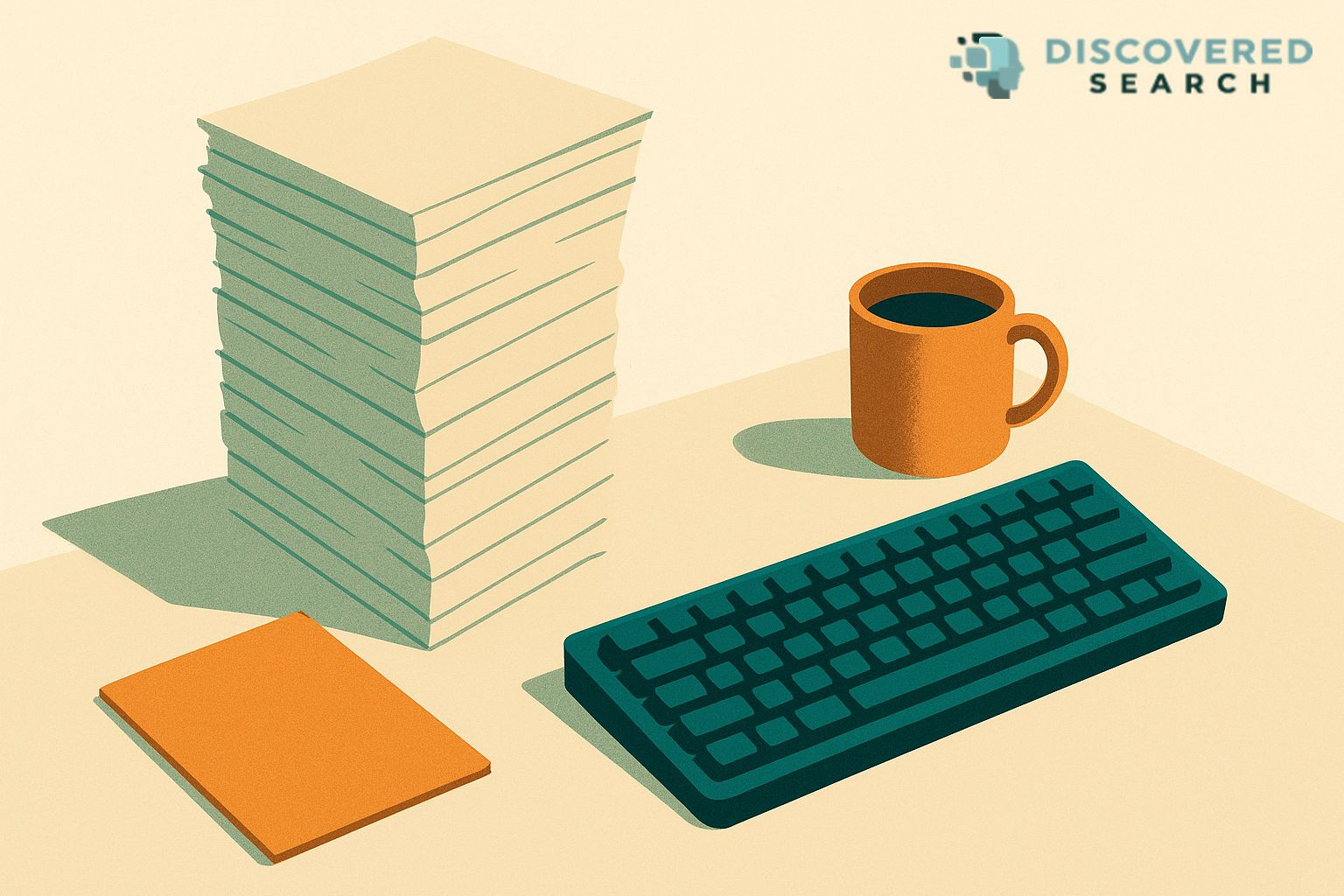 Illustration of a tall leaning stack of paper on a cream desk beside a mechanical keyboard and a coffee mug, with one thin orange folder set apart from the stack in soft daylight